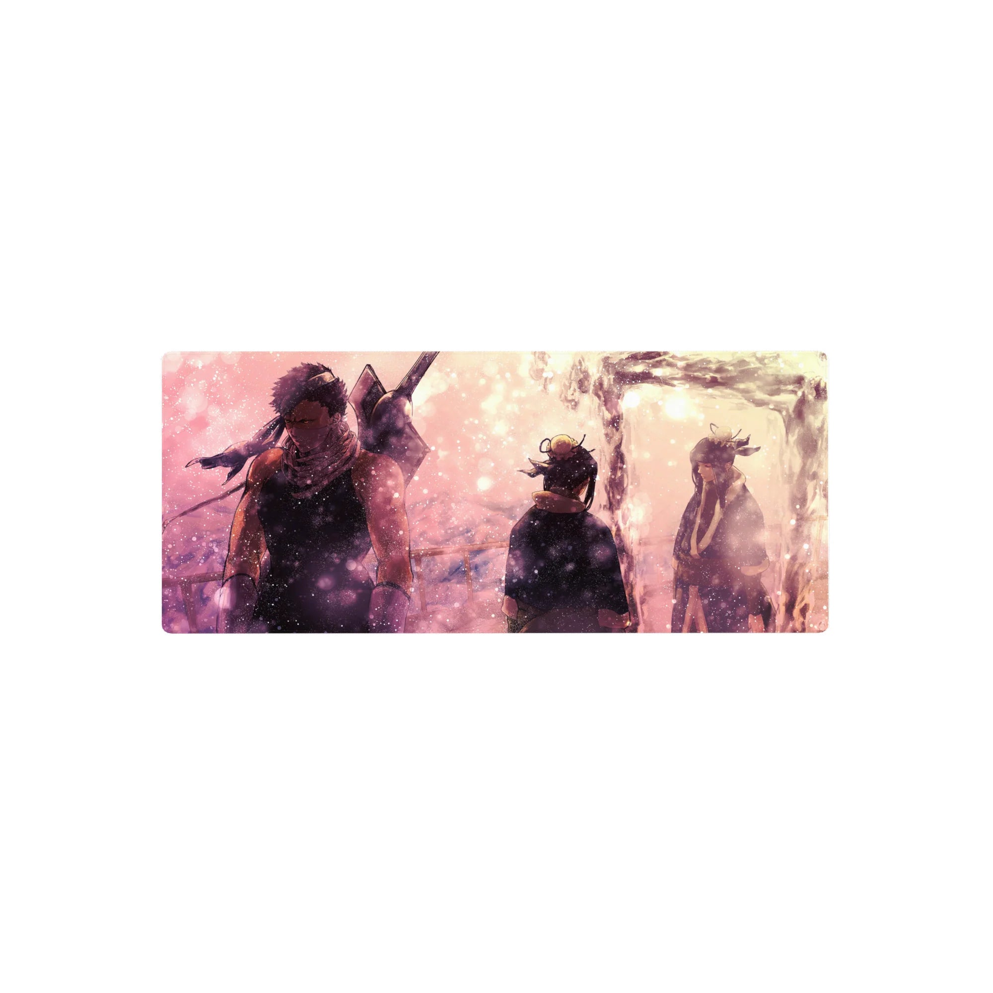 28x12 inches anime mouse pad with three figures by a glowing white stream under drifting sparkles.