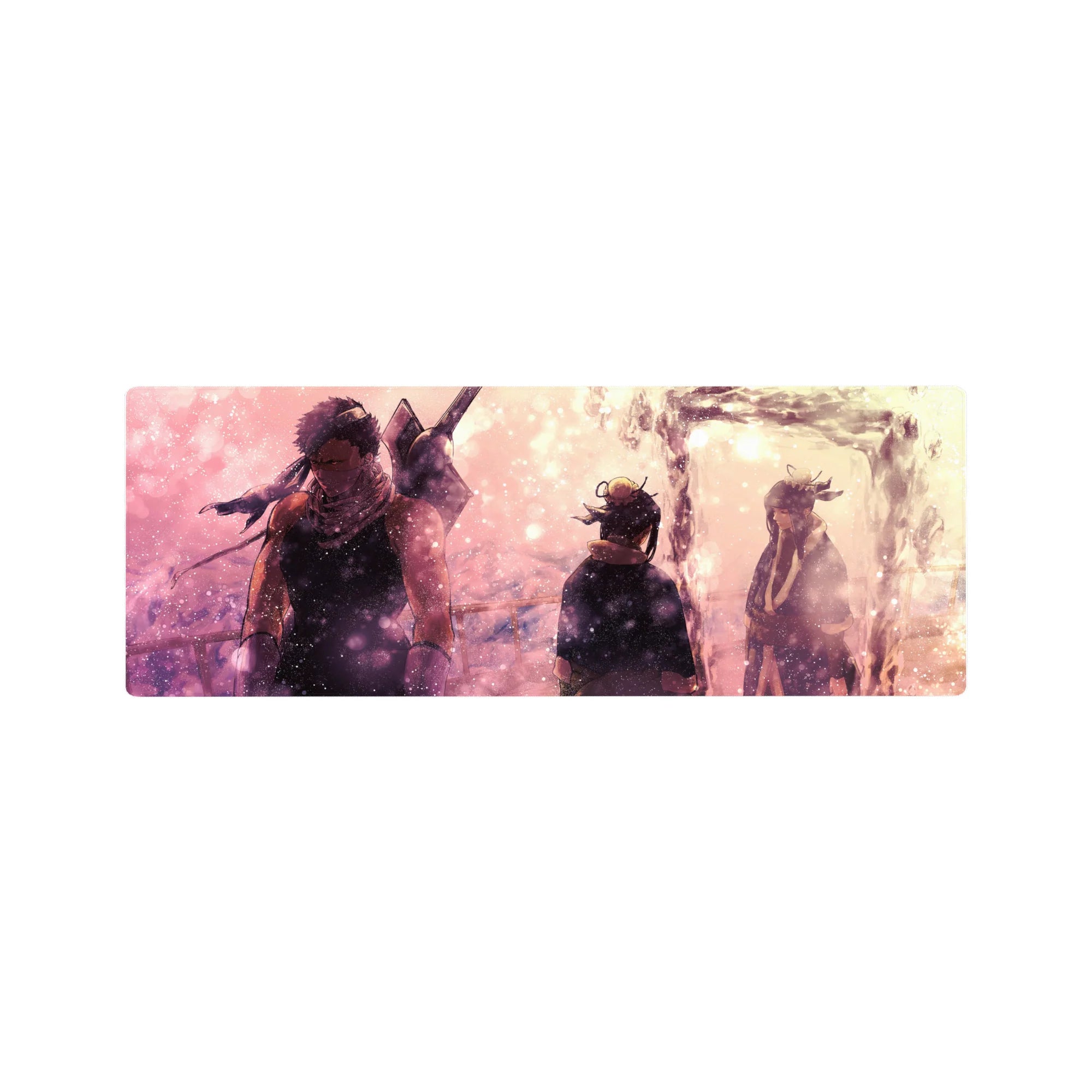 32x12 inches anime mouse pad with three figures by a glowing stream under snow-like sparkles.