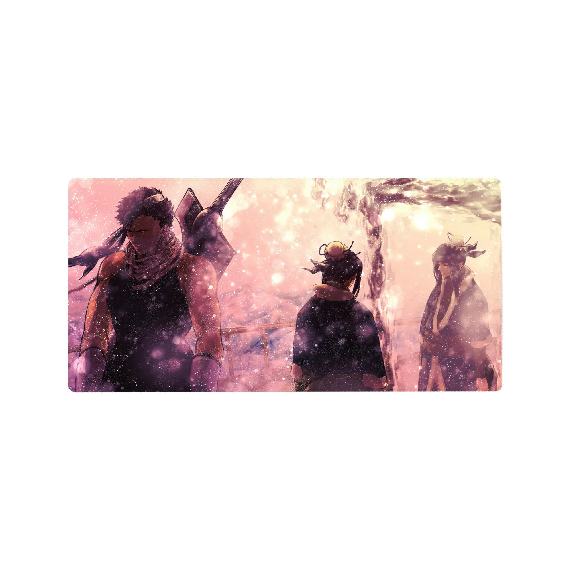32x16 inches anime mouse pad with three figures by a glowing stream, snow-like sparkles and blush sky.