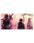 32x16 inches anime mouse pad with three figures by a glowing stream, snow-like sparkles and blush sky.