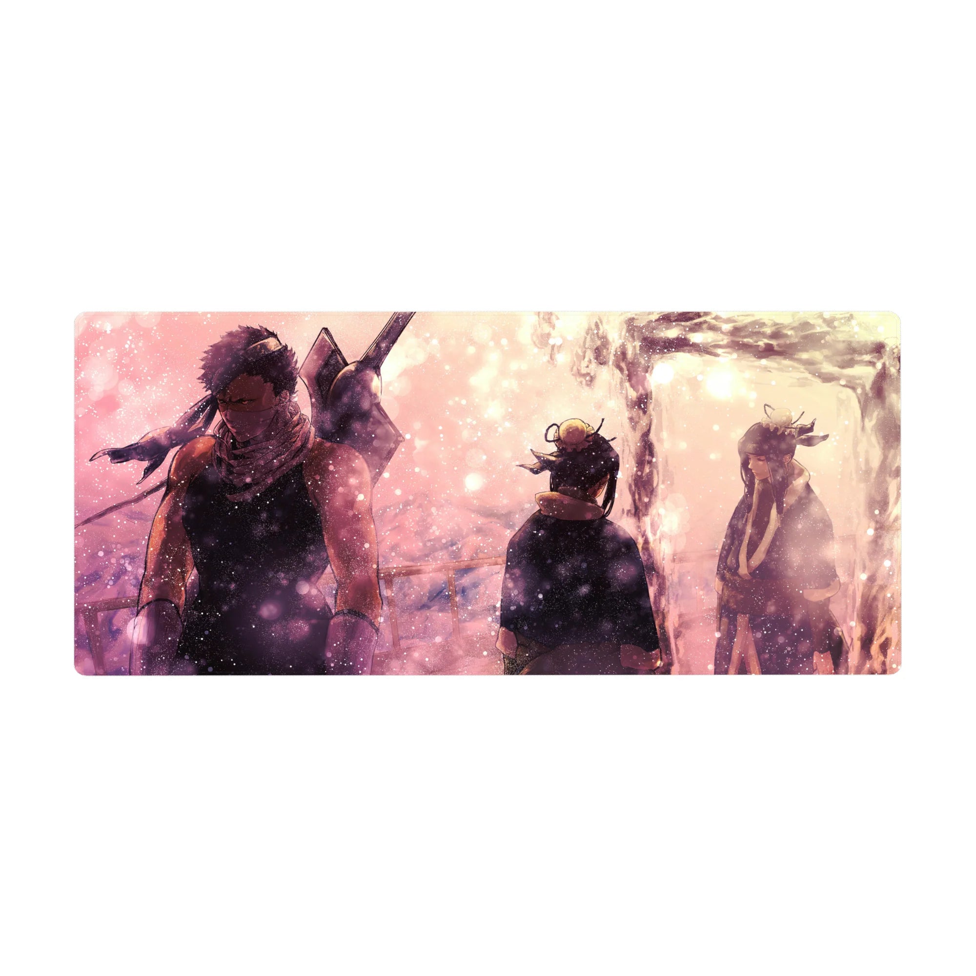Anime desk pad 36x16 inches with pastel pink sky, sparkles, and three figures by a glowing stream.
