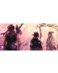 Anime desk pad 36x16 inches with pastel pink sky, sparkles, and three figures by a glowing stream.