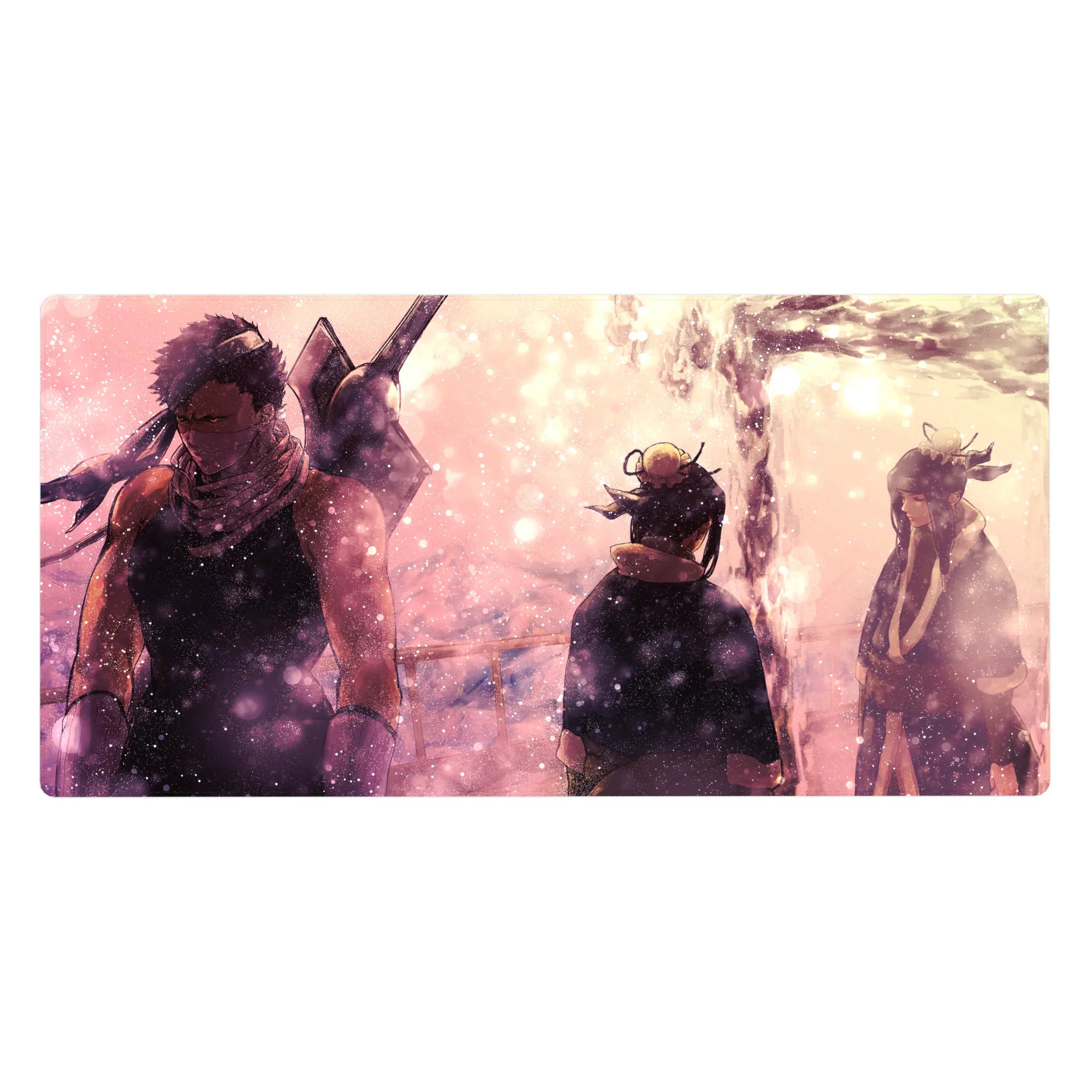 Anime desk pad 40x20 inches with three figures by a glowing white stream under drifting sparkles.