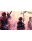 Anime desk pad 40x20 inches with three figures by a glowing white stream under drifting sparkles.
