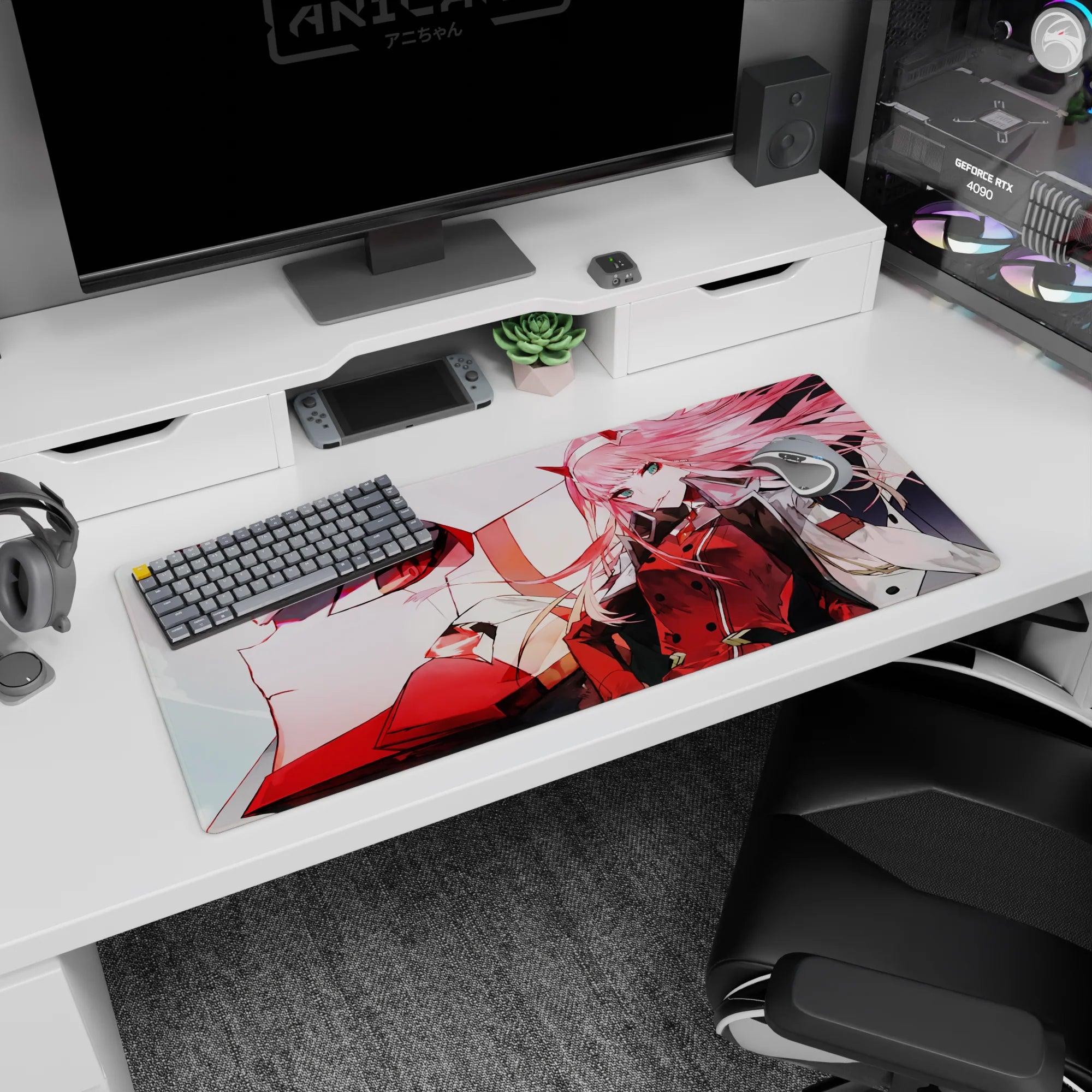 Mecha artwork on 36x16 mouse pad captures Zero Two's raw power and loyalty in stunning artistic fashion