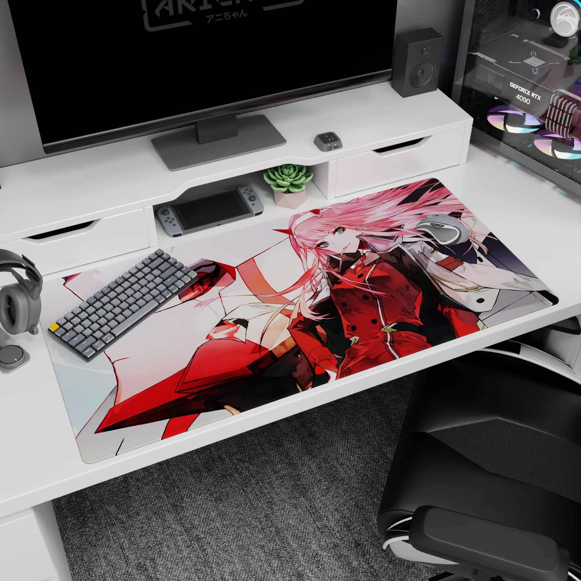 Dynamic design on 40x20 mouse pad perfect for celebrating Zero Two's strength and mecha synergy