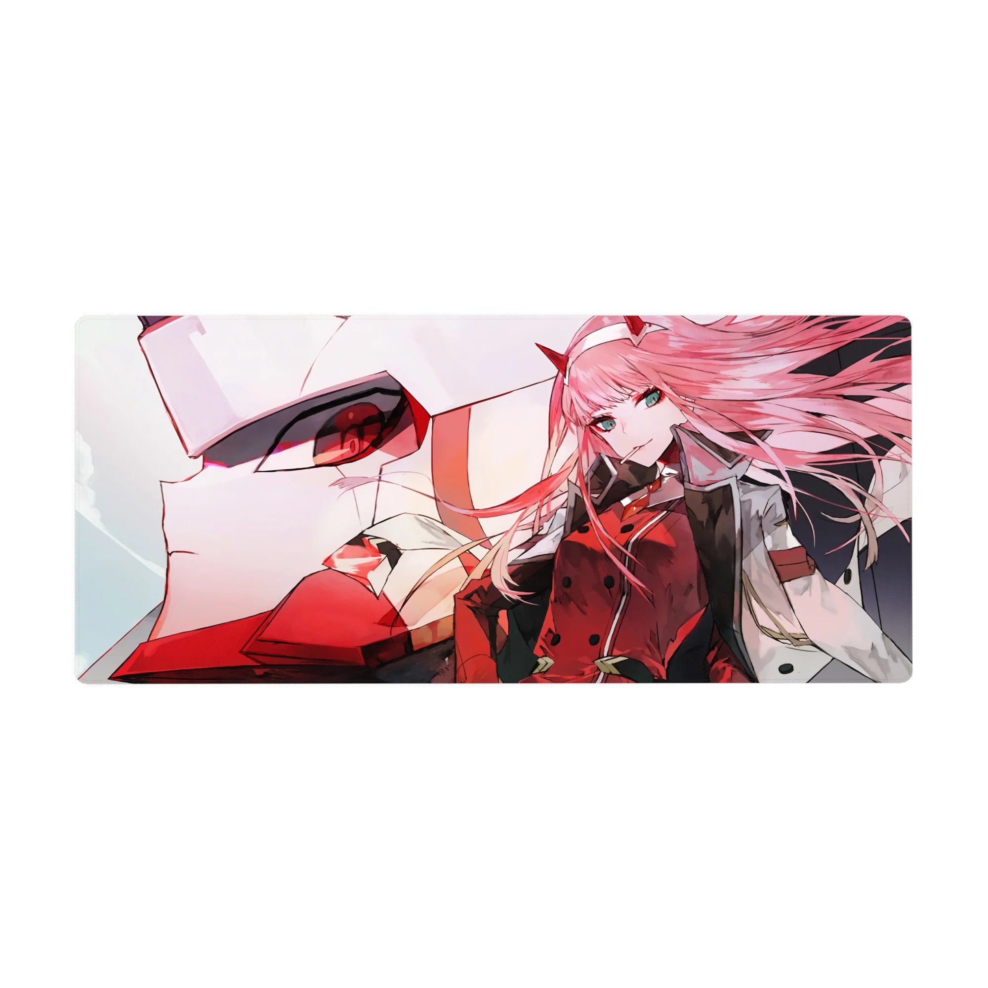 Zero Two mecha mouse pad 36x16 with pink hair and towering mecha for immersive anime-inspired decor