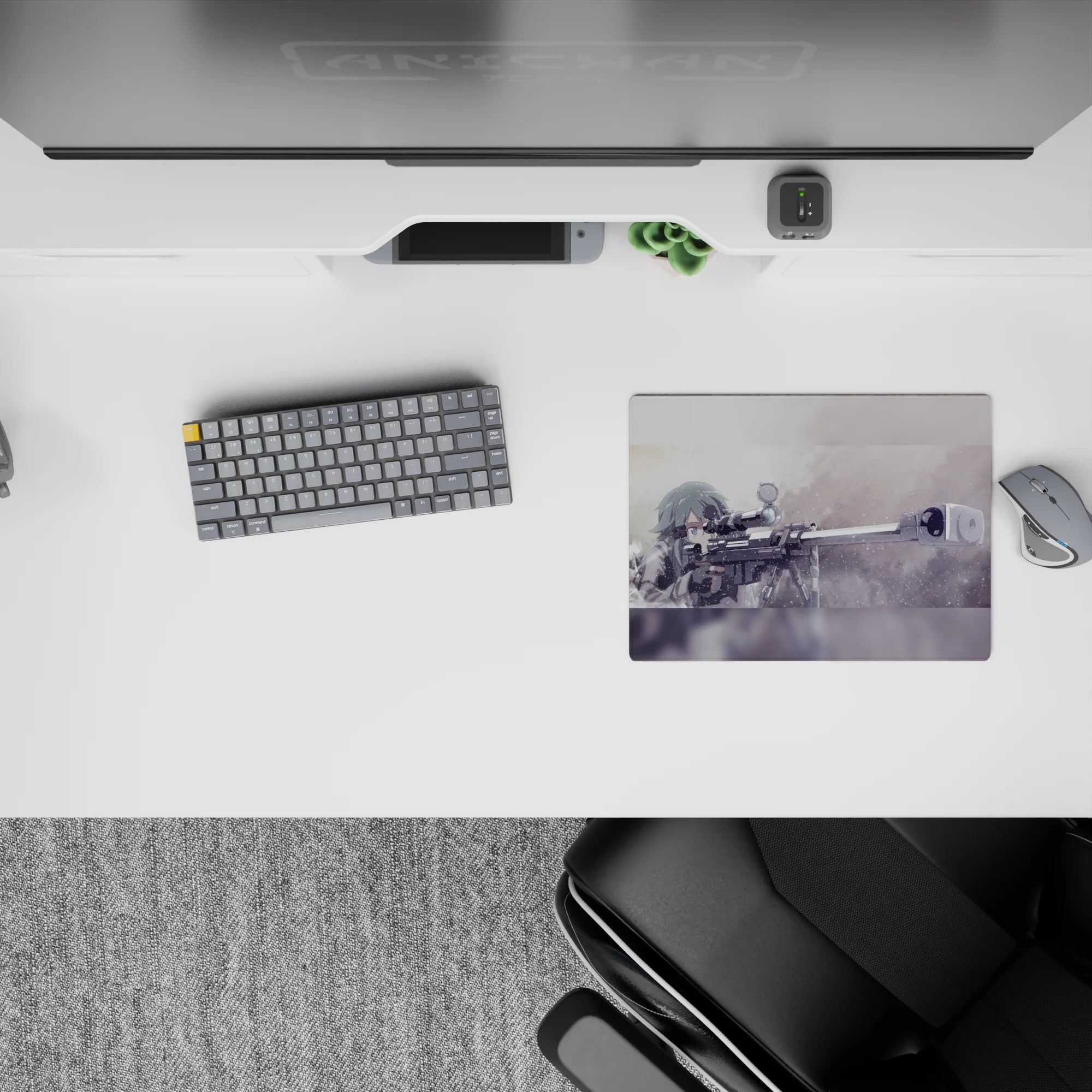 Sinon from Sword Art Online anime mouse pad, 14x10 inches, features Sinon with sniper rifle in muted greys and frosty blues.