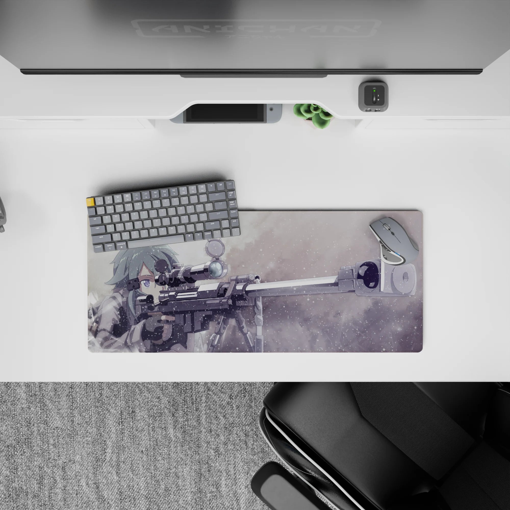 Anime mouse pad 28x12 inches featuring Sinon from Sword Art Online with sniper rifle in muted greys and frosty blues.