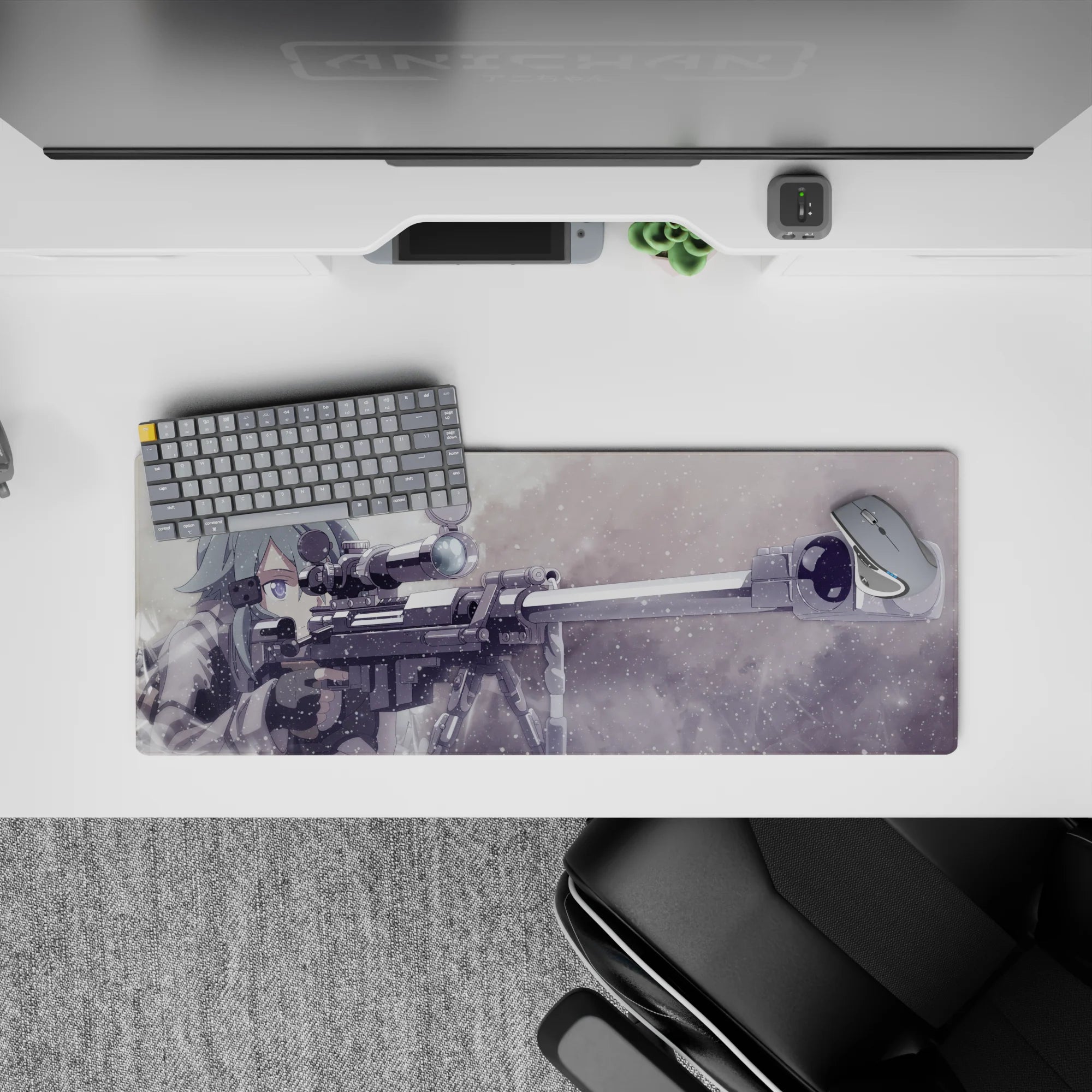 Anime mouse pad featuring Sinon from Sword Art Online, size 32x12 inches, with sniper rifle in muted greys and frosty blues.