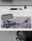 Anime mouse pad featuring Sinon from Sword Art Online, size 32x12 inches, with sniper rifle in muted greys and frosty blues.