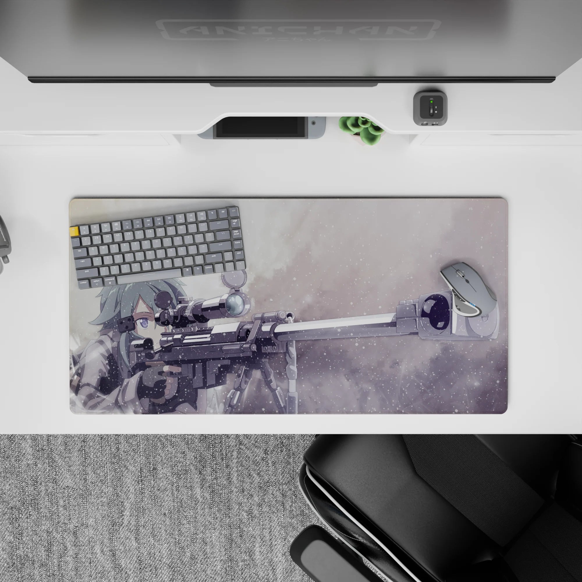 Anime mouse pad 32x16 inches featuring Sinon from Sword Art Online, with sniper rifle in muted greys and frosty blues.