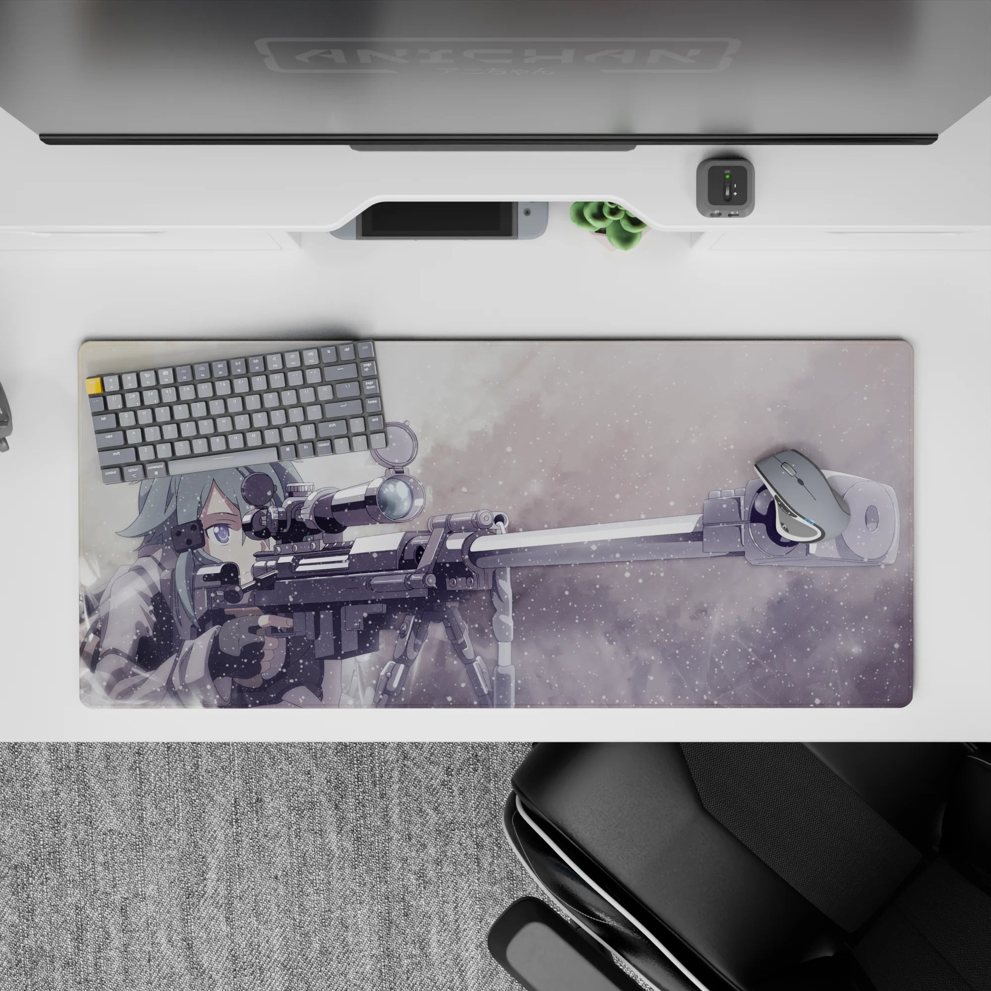 Anime desk pad 36x16 inches featuring Sinon from Sword Art Online, with greys and blues, and a sniper rifle design.
