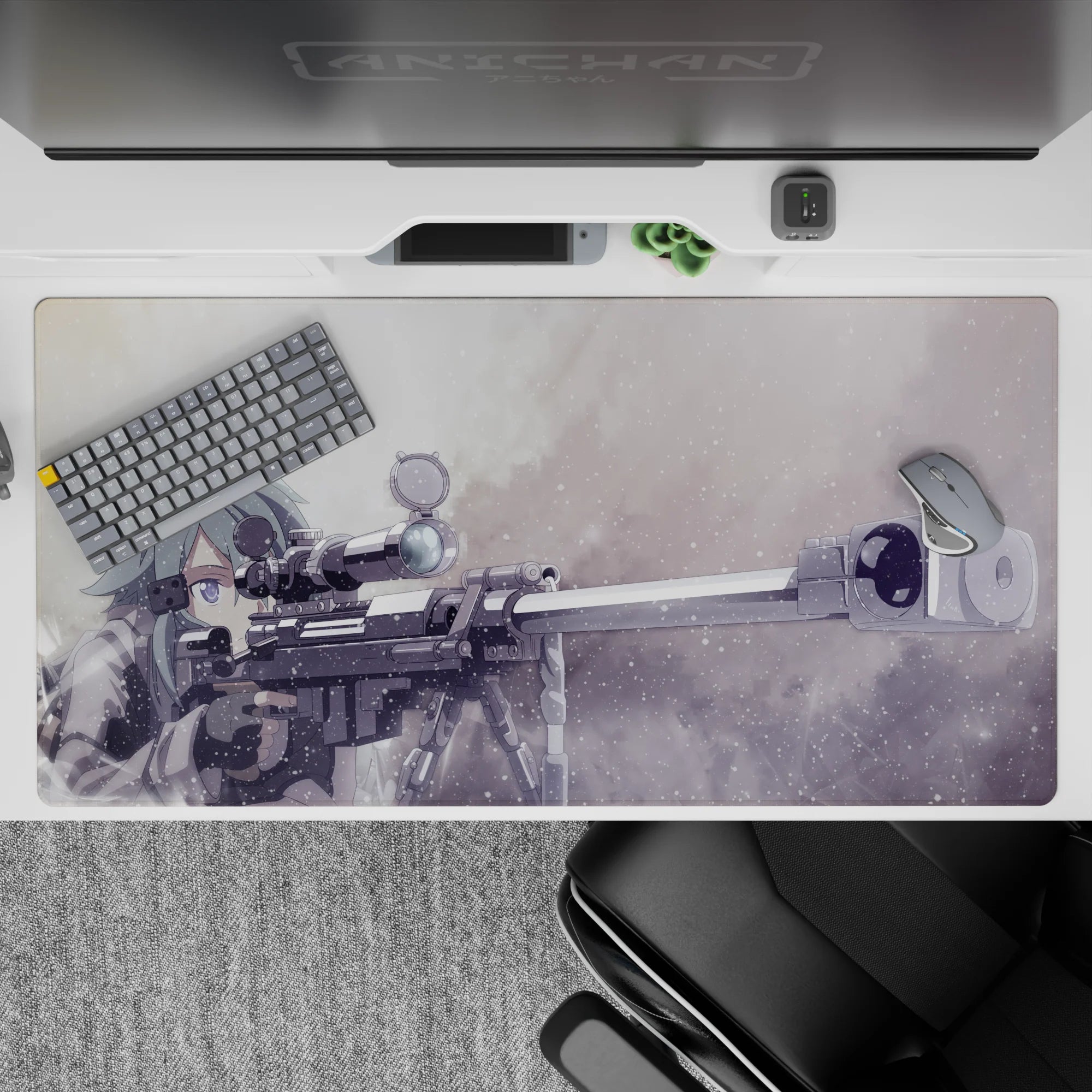 Anime mouse pad 40x20 inches featuring Sinon from Sword Art Online with sniper rifle, in muted greys and frosty blues.