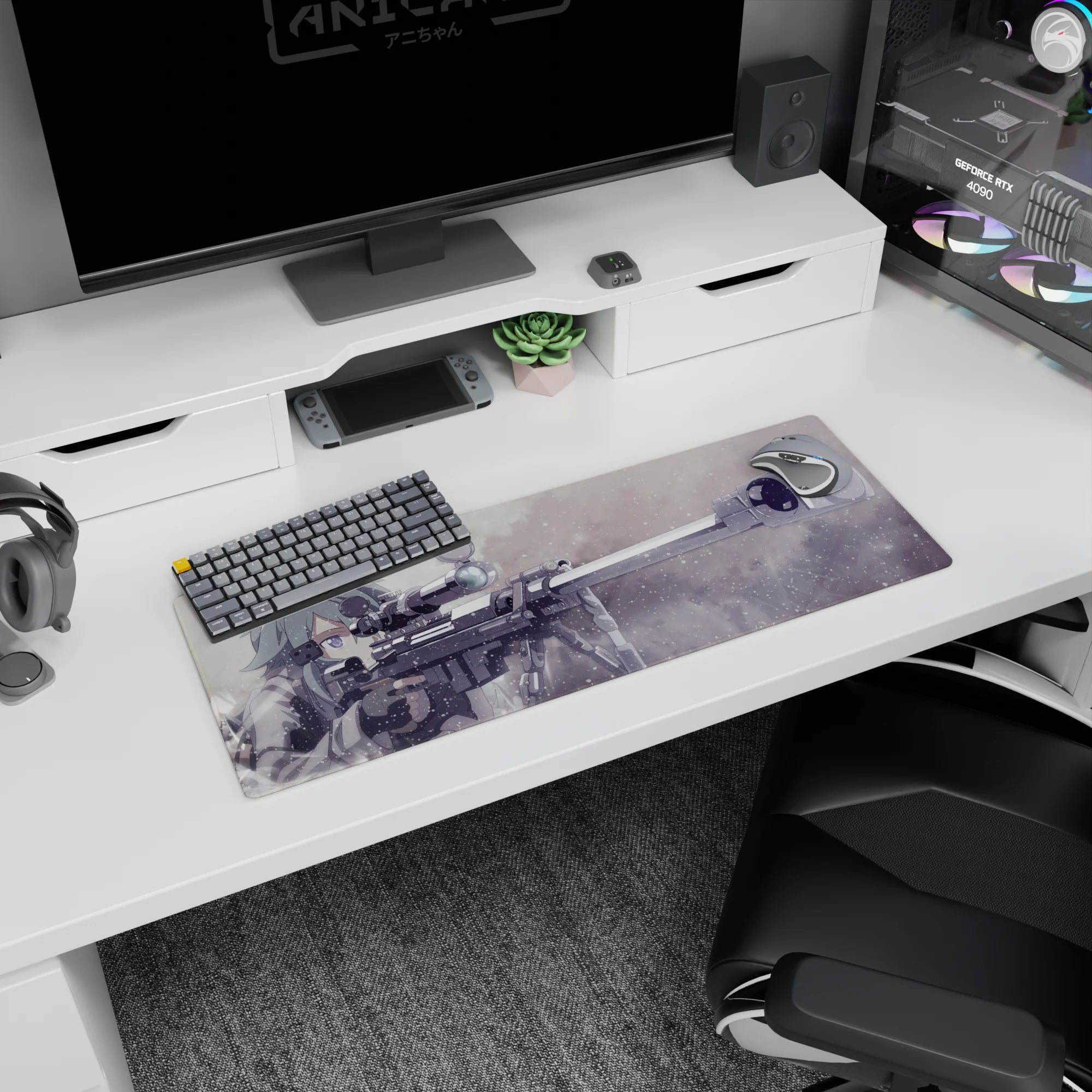 Anime mouse pad 32x12 inches featuring Sinon from Sword Art Online with sniper rifle in muted greys and frosty blues.