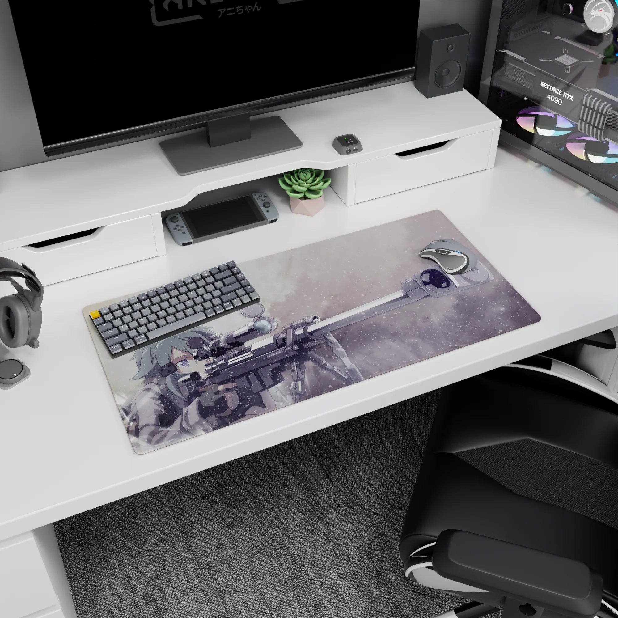 Anime mouse pad featuring Sinon from Sword Art Online, size 32x16 inches, with muted greys and frosty blues in a winter scene.