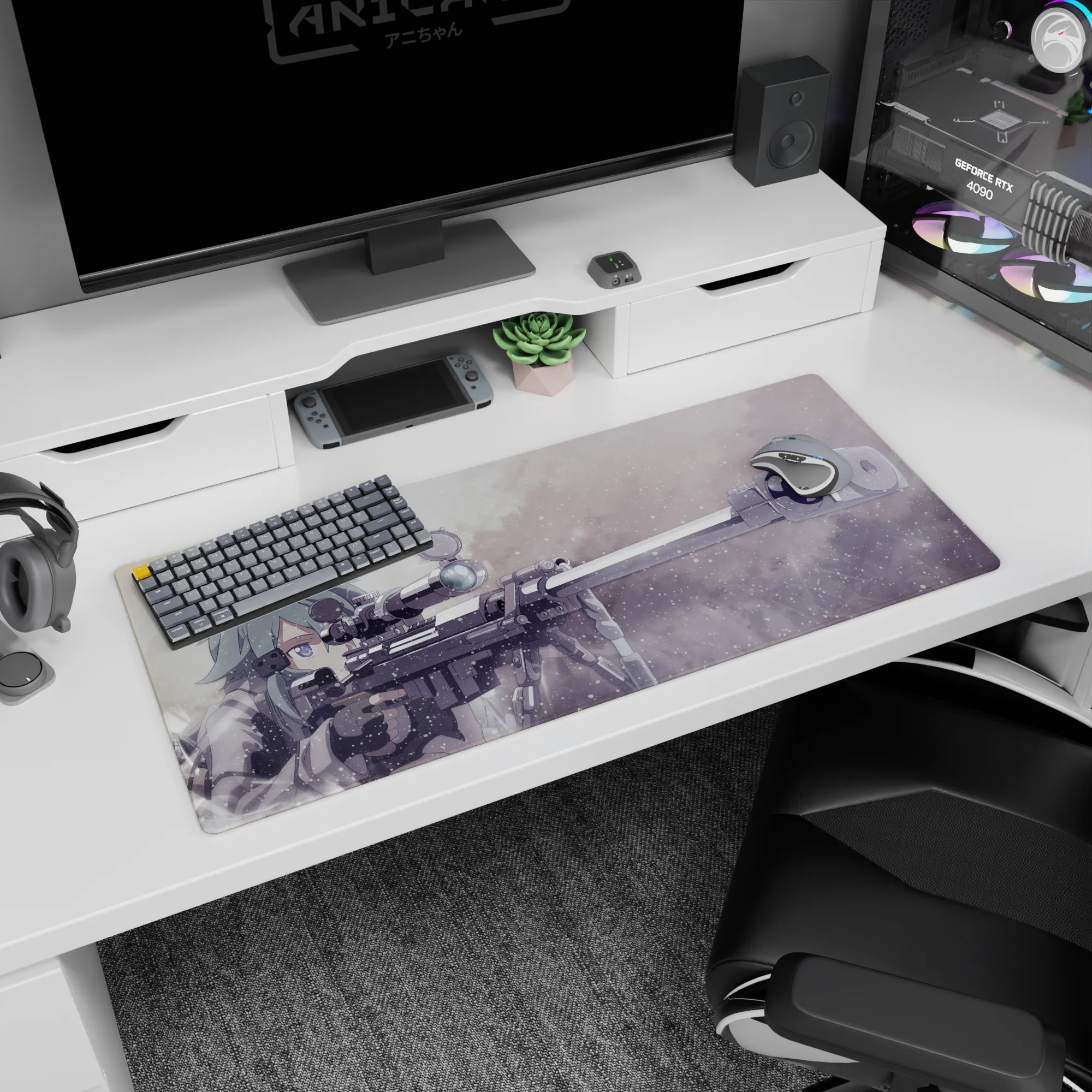 Anime desk pad 36x16 inches featuring Sinon from Sword Art Online with sniper rifle in winter-themed design.