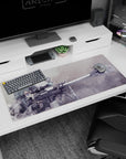 Anime desk pad 36x16 inches featuring Sinon from Sword Art Online with sniper rifle in winter-themed design.