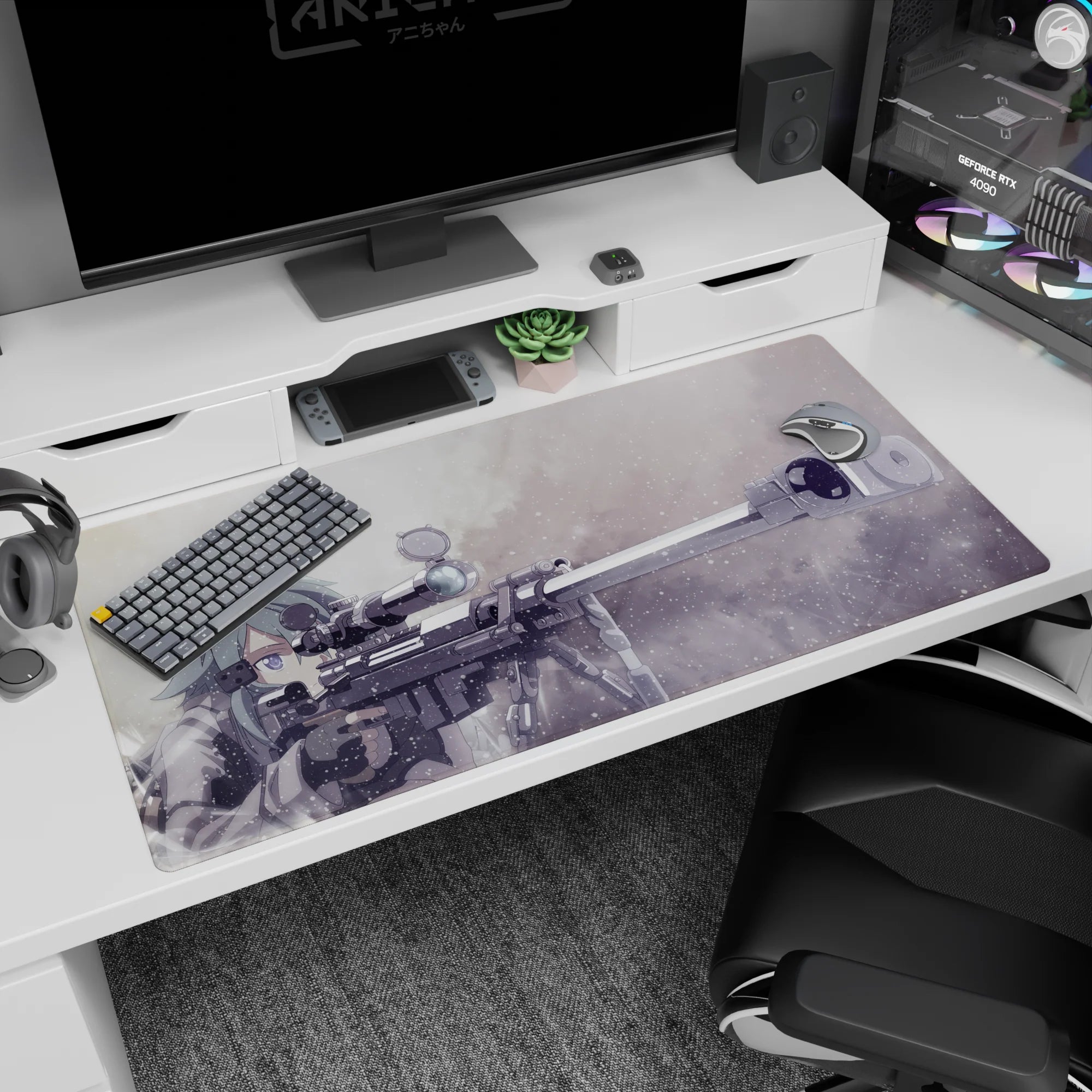 Anime mouse pad 40x20 inches featuring Sinon from Sword Art Online with sniper rifle in muted greys and frosty blues.