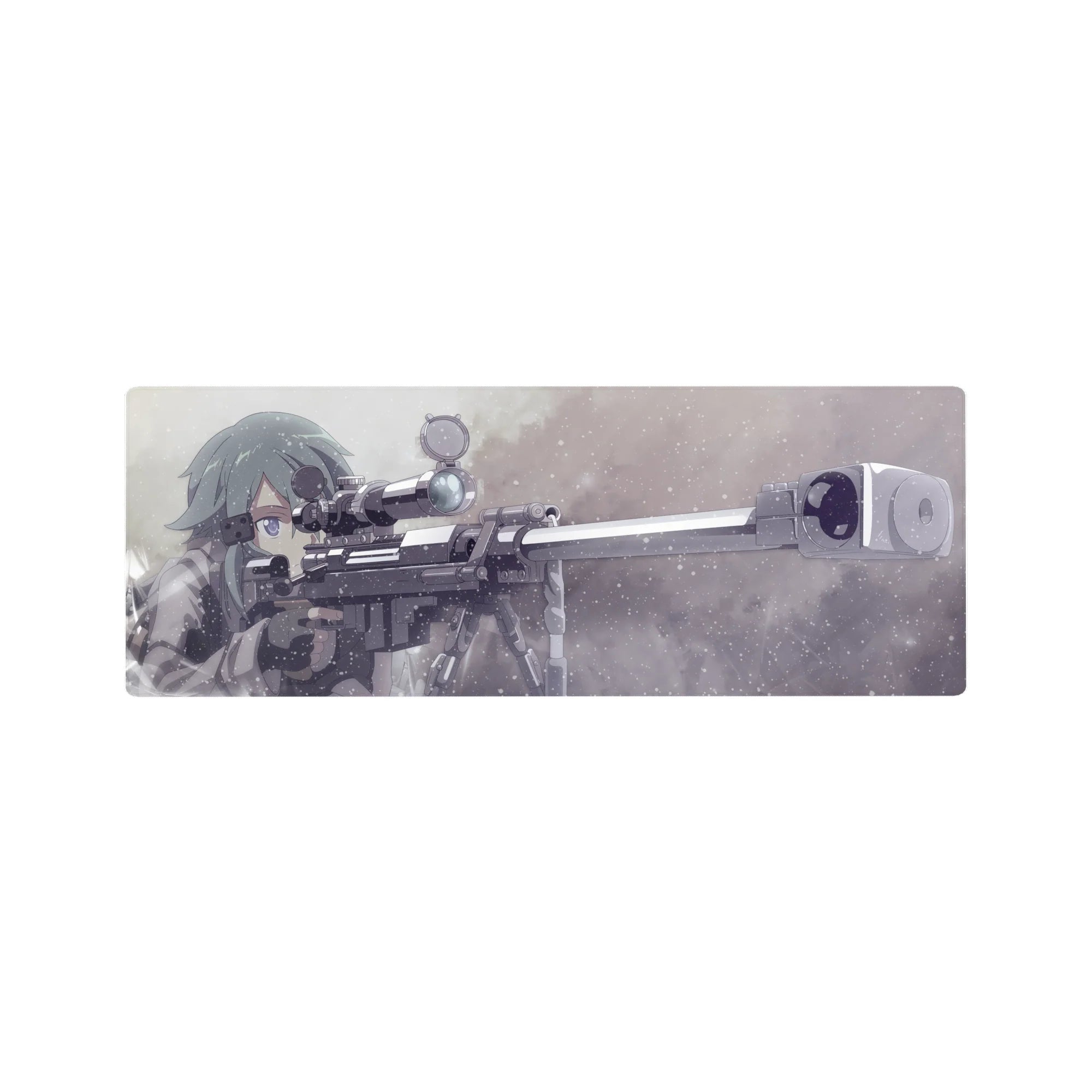 Anime mouse pad 32x12 inches featuring Sinon from Sword Art Online, with a sniper rifle in muted greys and frosty blues.