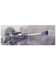 Anime mouse pad 32x12 inches featuring Sinon from Sword Art Online, with a sniper rifle in muted greys and frosty blues.