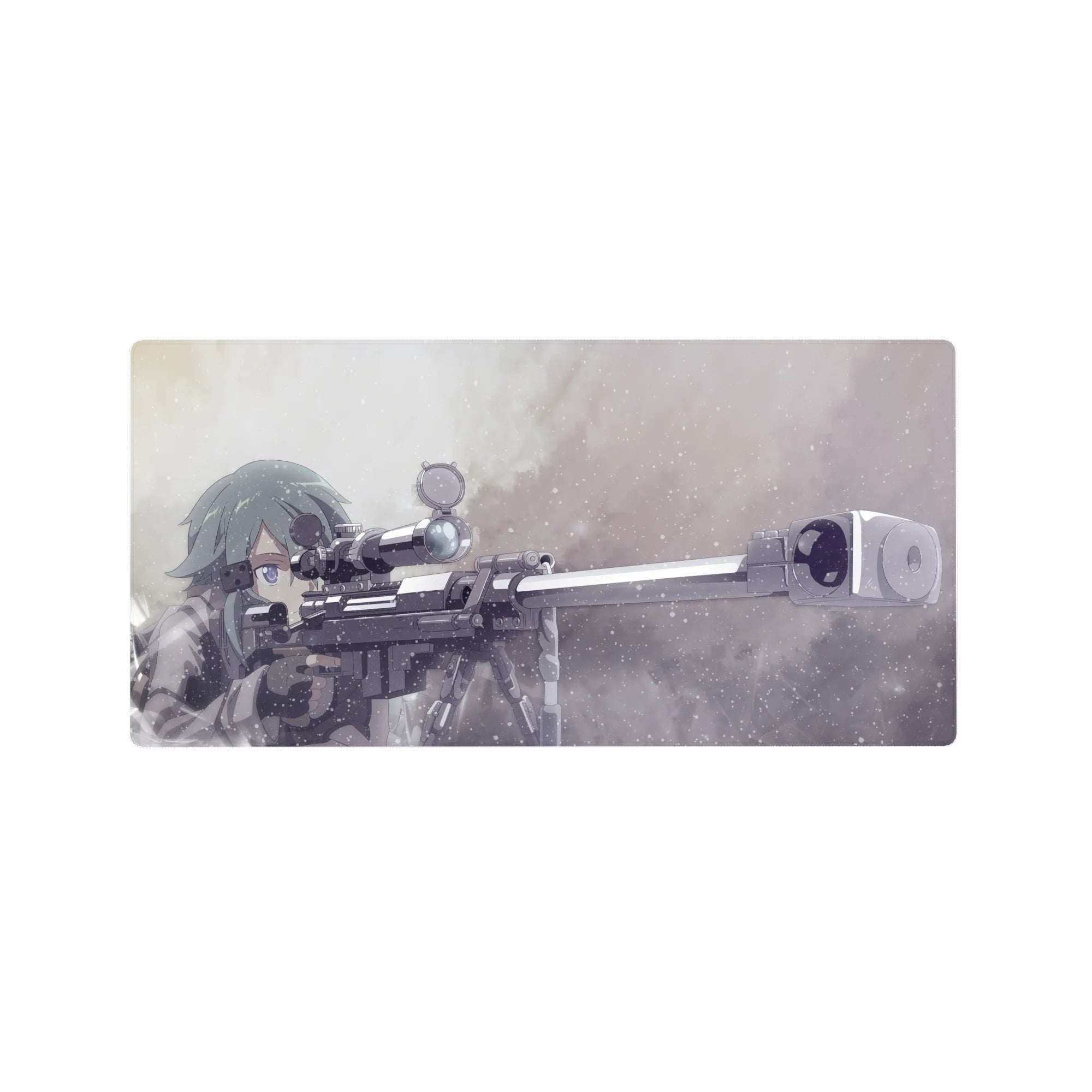 Anime mouse pad 32x16 inches featuring Sinon from Sword Art Online with sniper rifle, in muted greys and frosty blues.