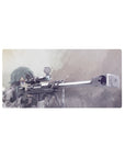 Anime mouse pad 32x16 inches featuring Sinon from Sword Art Online with sniper rifle, in muted greys and frosty blues.
