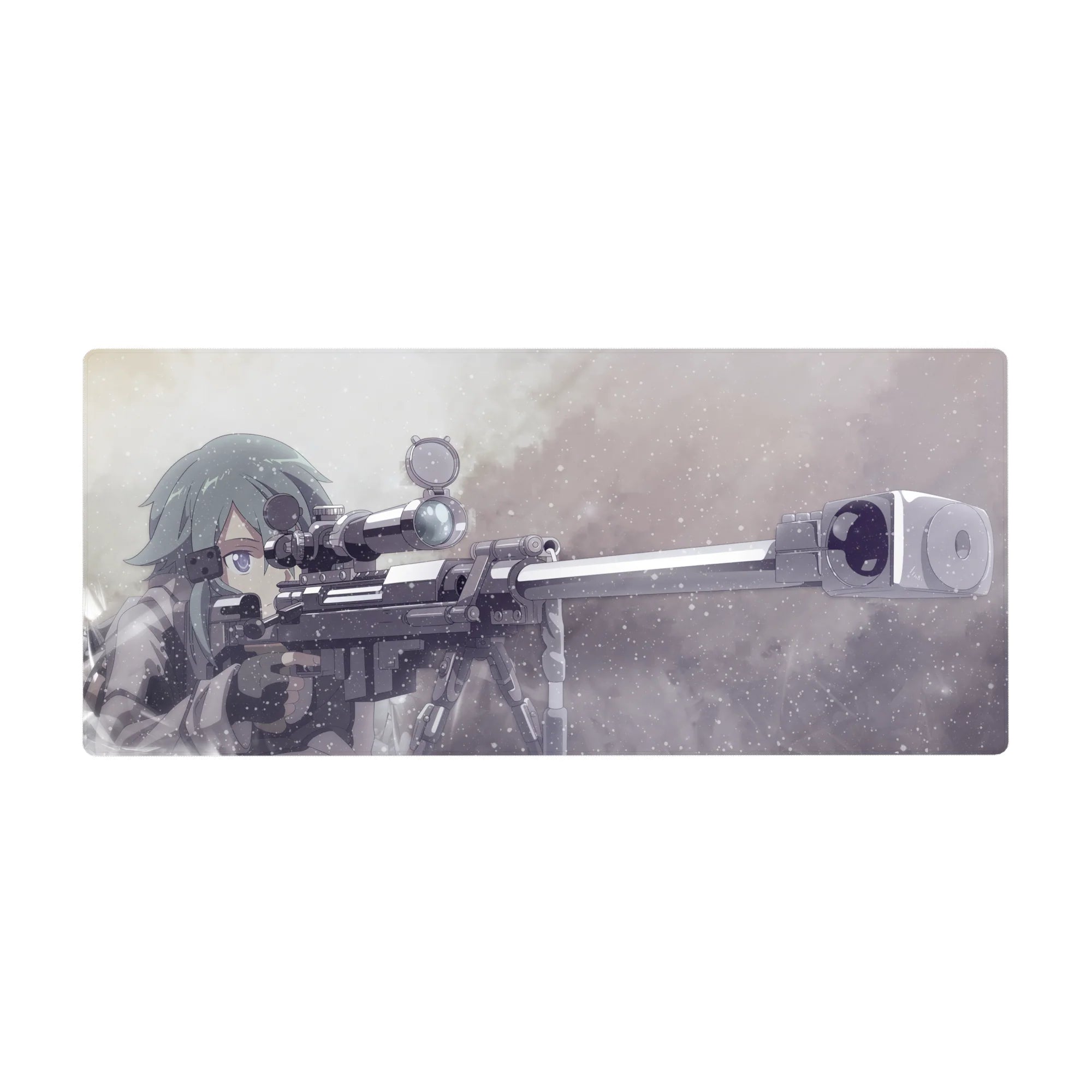 Anime desk pad 36x16 inches featuring Sinon from Sword Art Online with a sniper rifle, in muted greys and frosty blues.