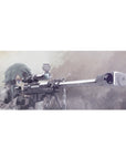 Anime desk pad 36x16 inches featuring Sinon from Sword Art Online with a sniper rifle, in muted greys and frosty blues.