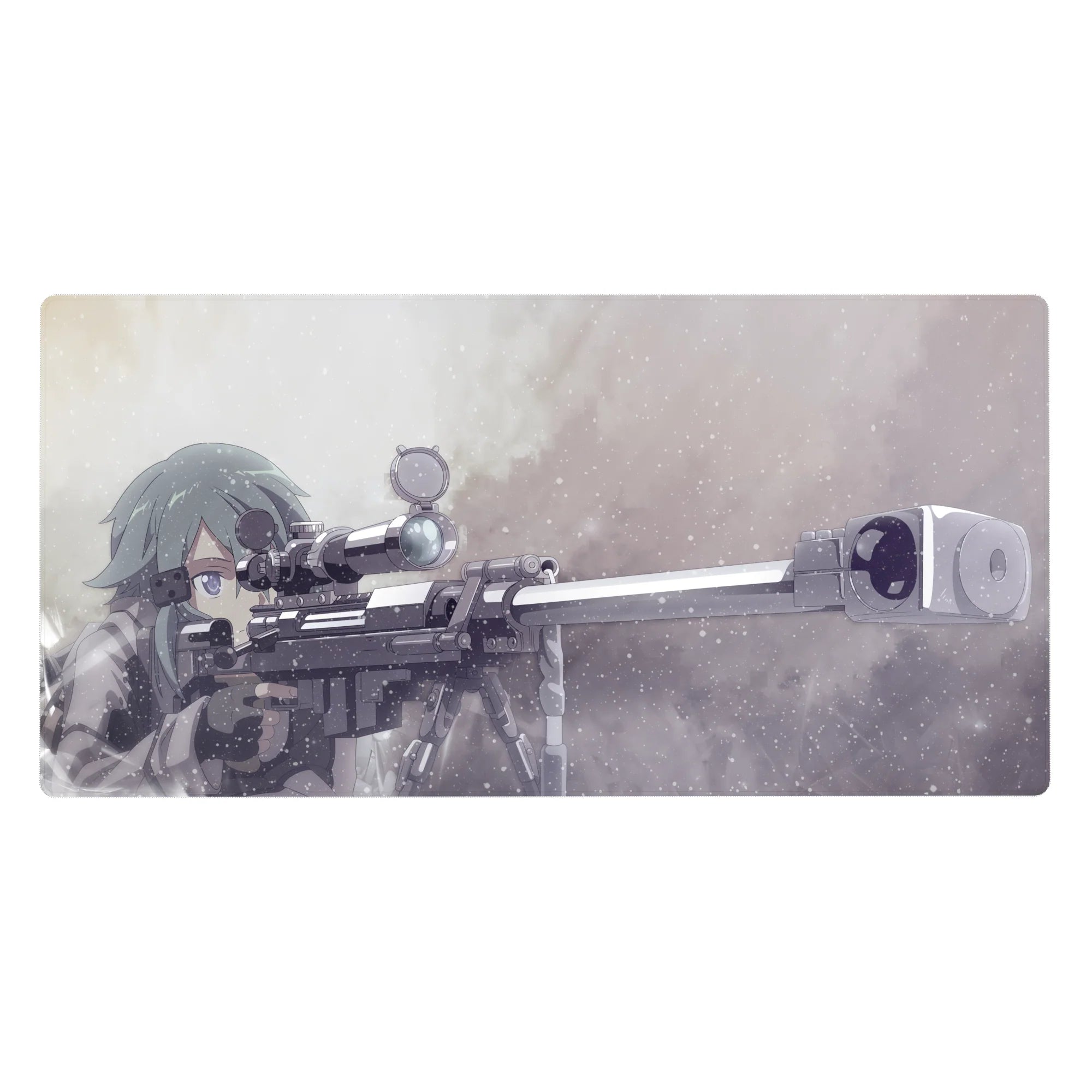 Anime desk pad featuring Sinon from Sword Art Online, size 40x20 inches, with sniper rifle, muted greys and blues.
