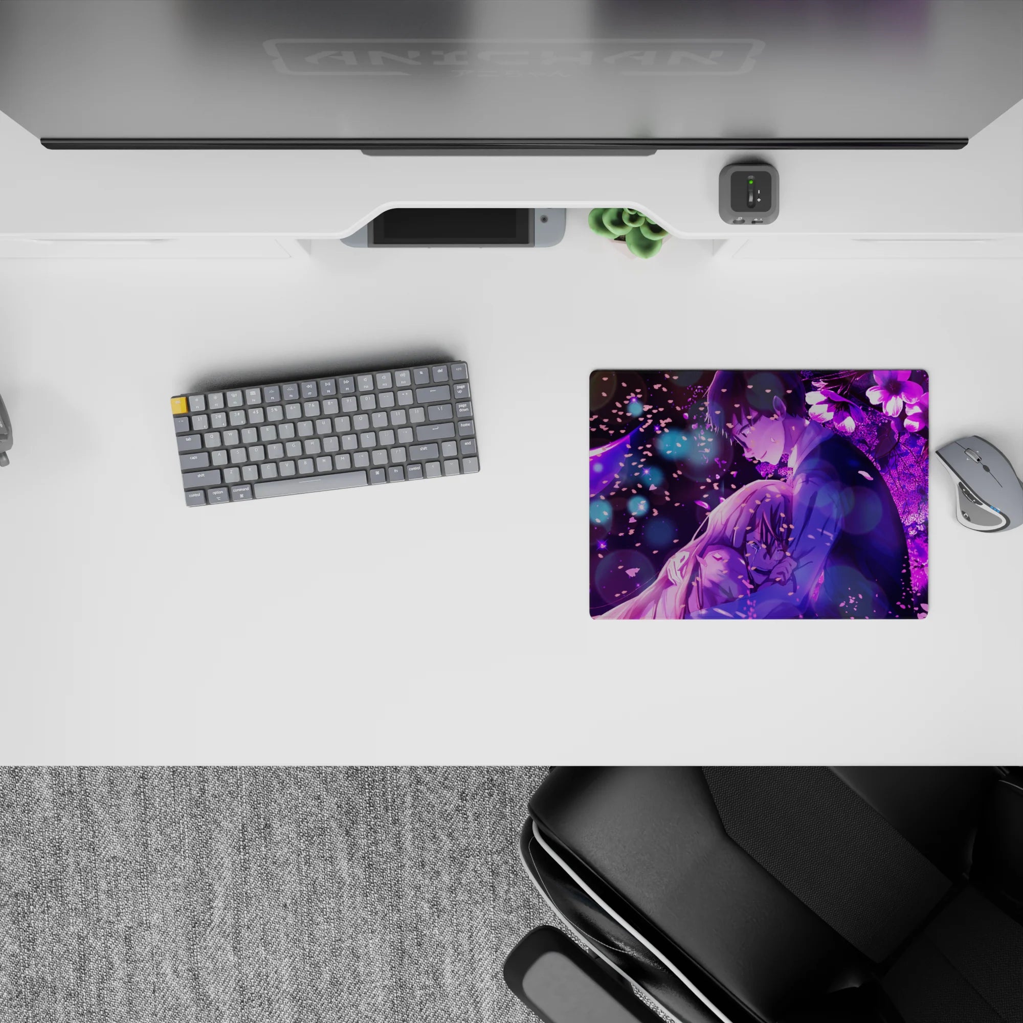 Violet purple dreamy anime mouse pad 14x10 inches with soft bokeh lights and late-night romance vibe.