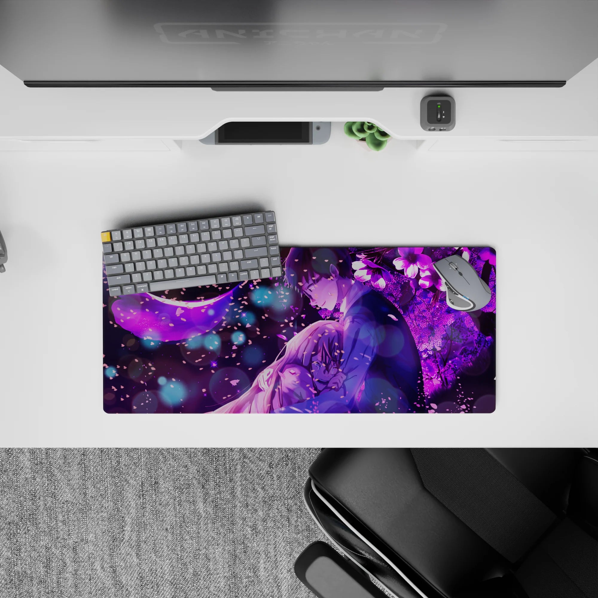 28x12 inches anime mouse pad in rich violet purples with dreamy late-night romance glow and soft bokeh.