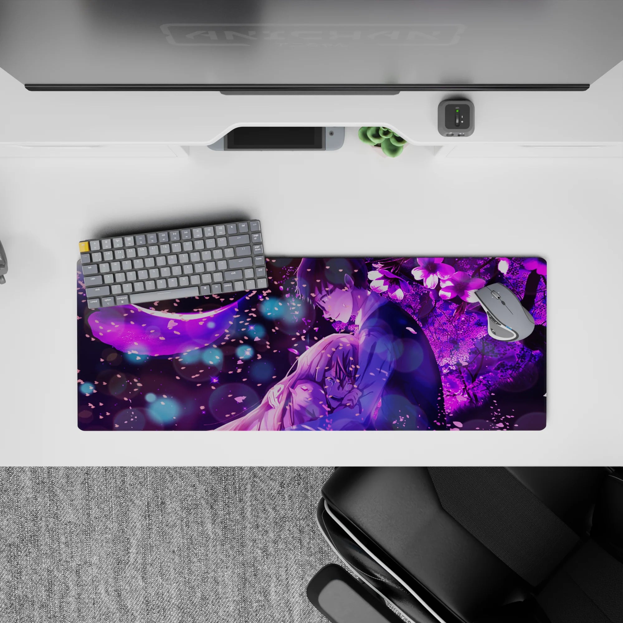 Violet-glow anime mouse pad 32x12 inches in rich purples, dreamy late-night romance bokeh mood.
