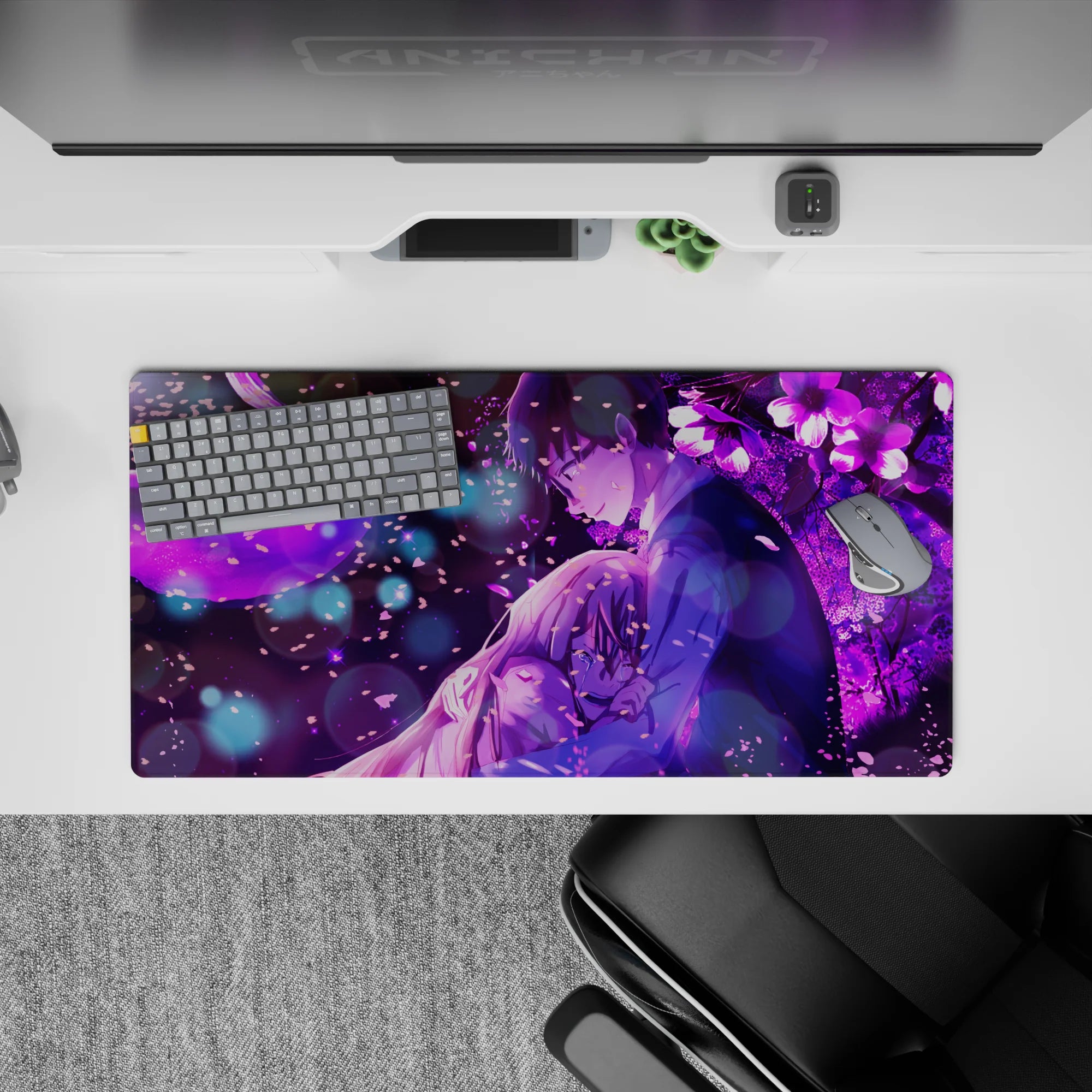 32x16 inches violet-purple anime mouse pad, dreamy late-night romance glow with soft bokeh and petals.
