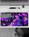 32x16 inches violet-purple anime mouse pad, dreamy late-night romance glow with soft bokeh and petals.