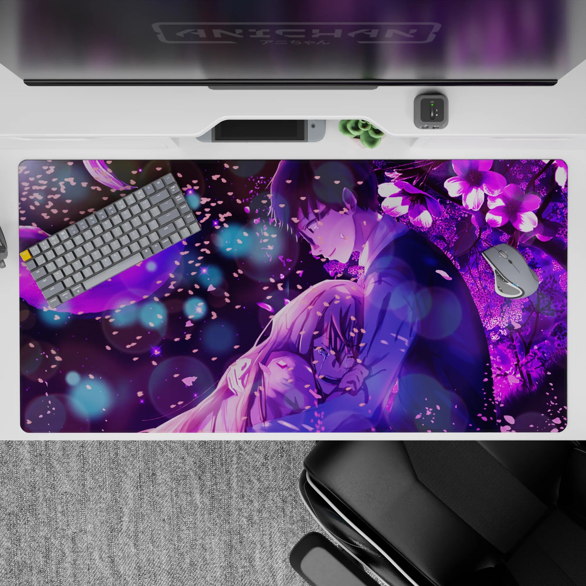 Violet glow anime desk pad 40x20 inches, dreamy late-night romance vibe in rich purple tones.