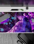 Violet glow anime desk pad 40x20 inches, dreamy late-night romance vibe in rich purple tones.