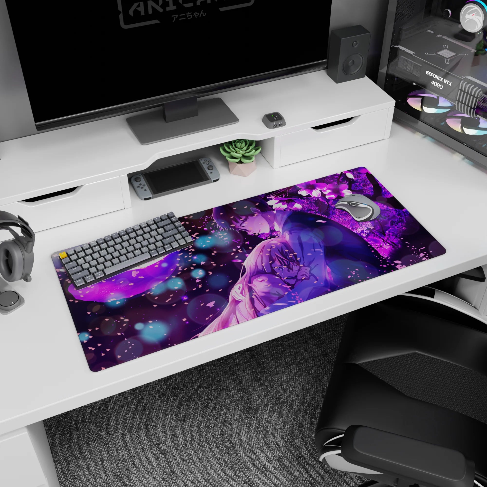 36x16 inches anime desk pad showing dark-haired boy holding a tearful girl close as petals drift at night.