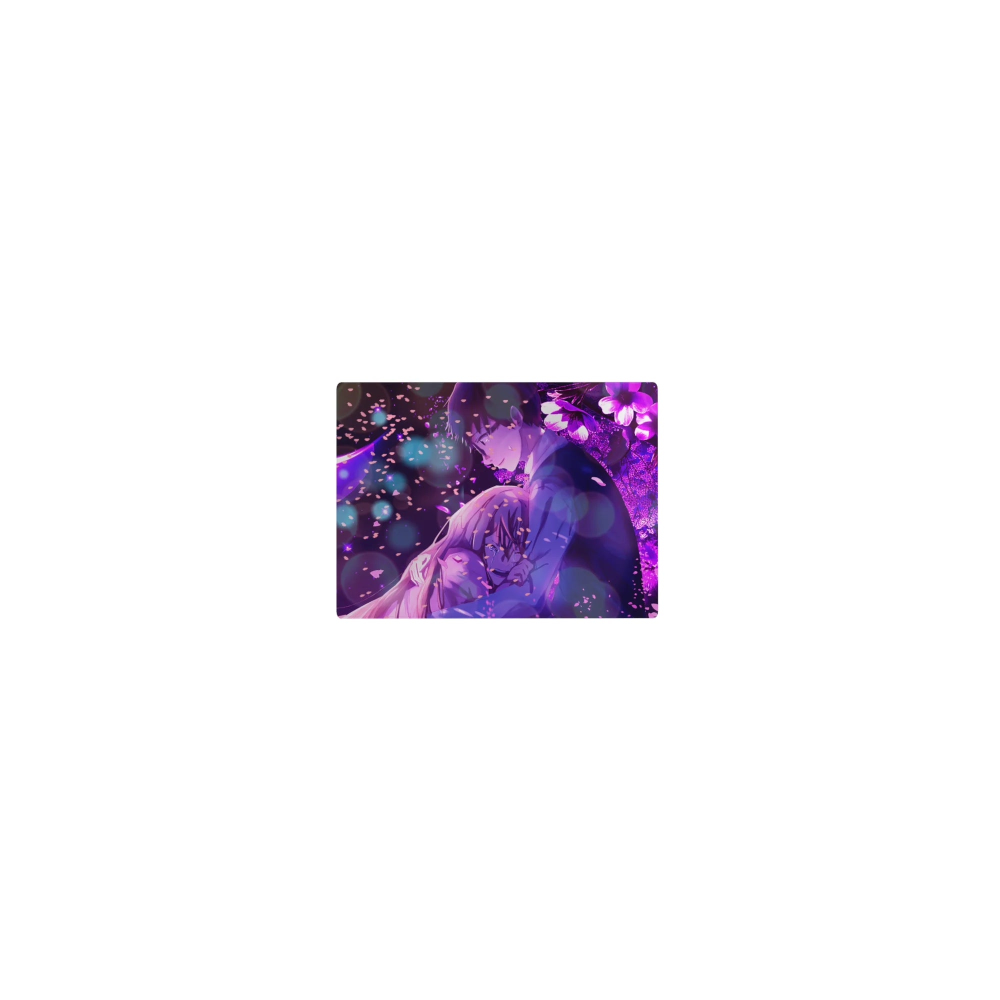 Classic anime mouse pad 14x10 inches with hugging couple, petals, crescent moon, and floral night scene.