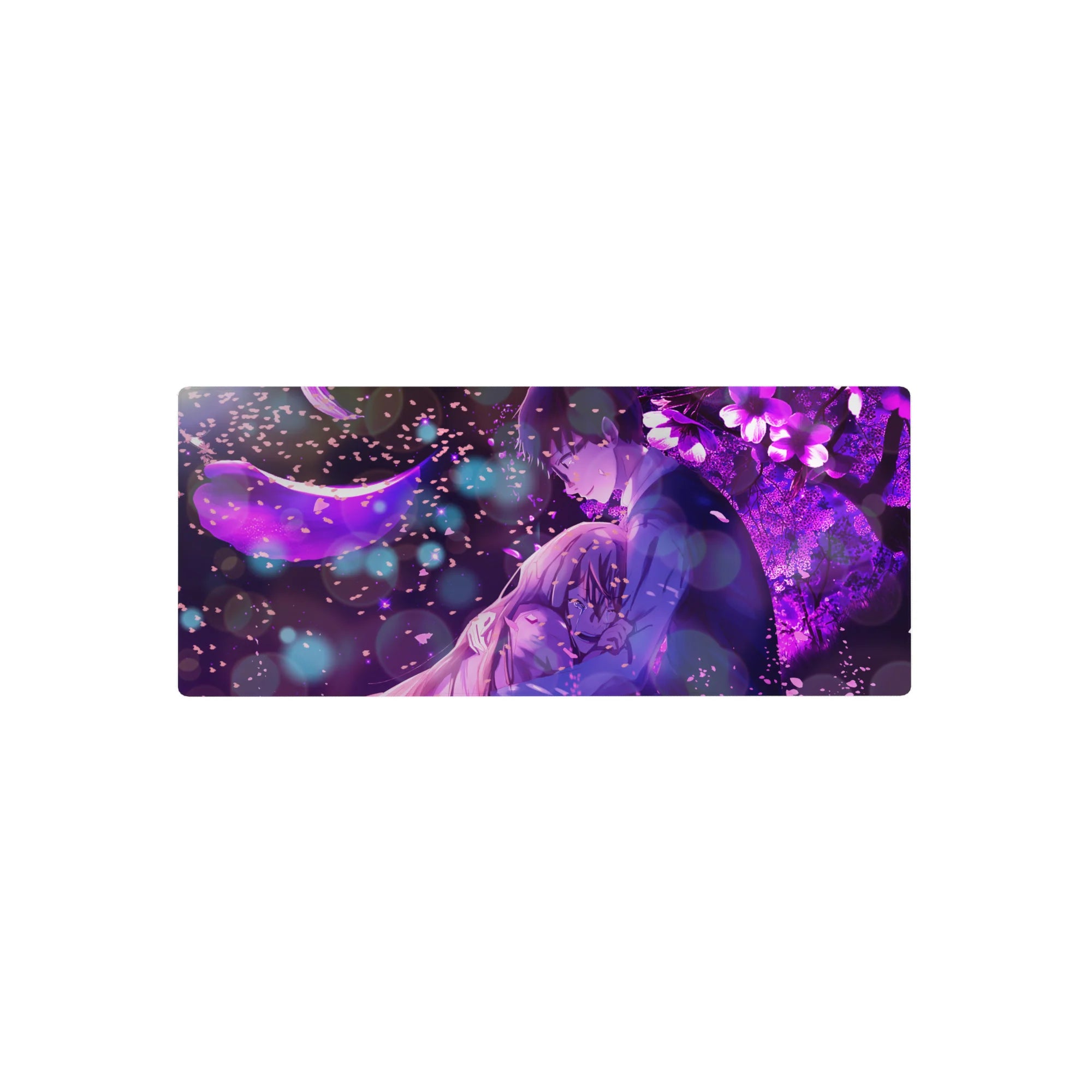 28x12 inches anime mouse pad with moonlit couple embrace, falling petals, bokeh lights, and flowers.
