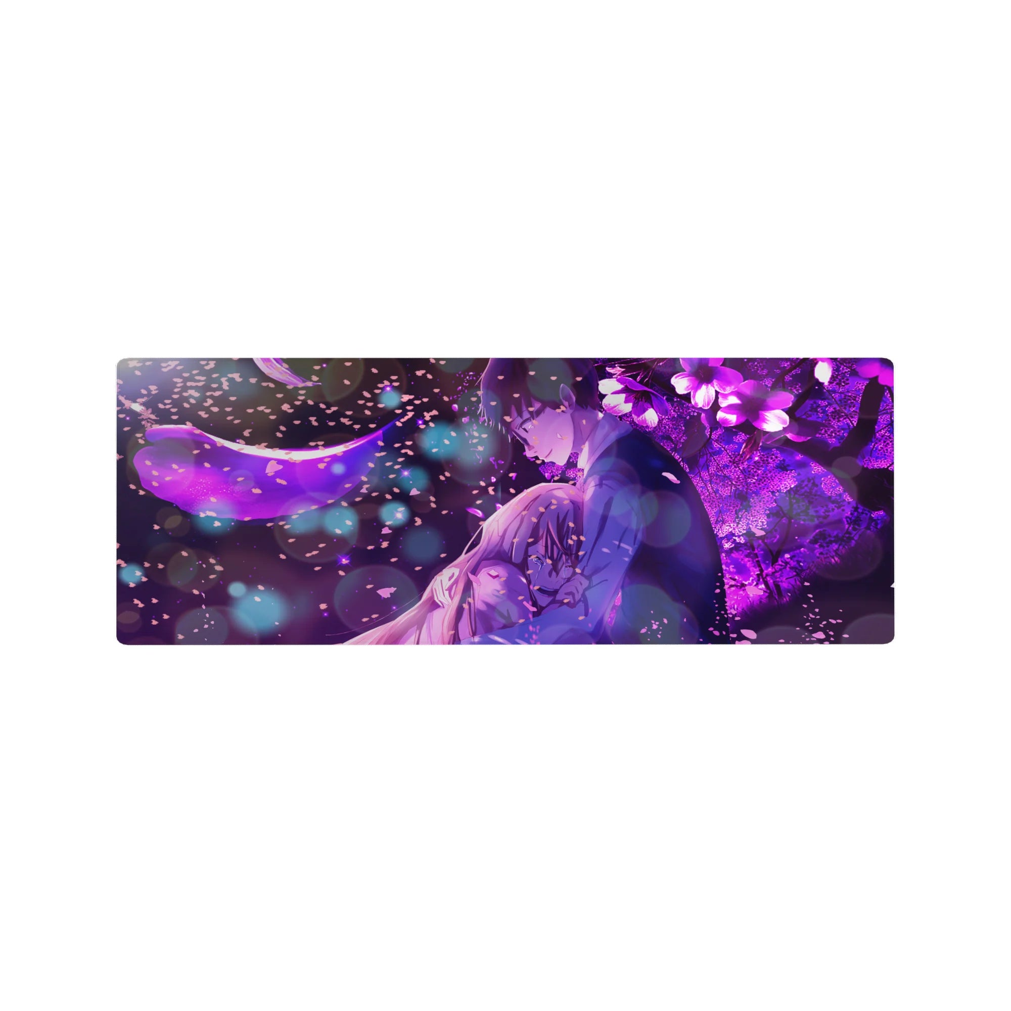 Anime mouse pad 32x12 inches with hugging couple under petals, moon, flowers, and bokeh lights.