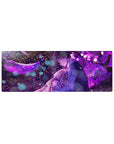 Anime mouse pad 32x12 inches with hugging couple under petals, moon, flowers, and bokeh lights.