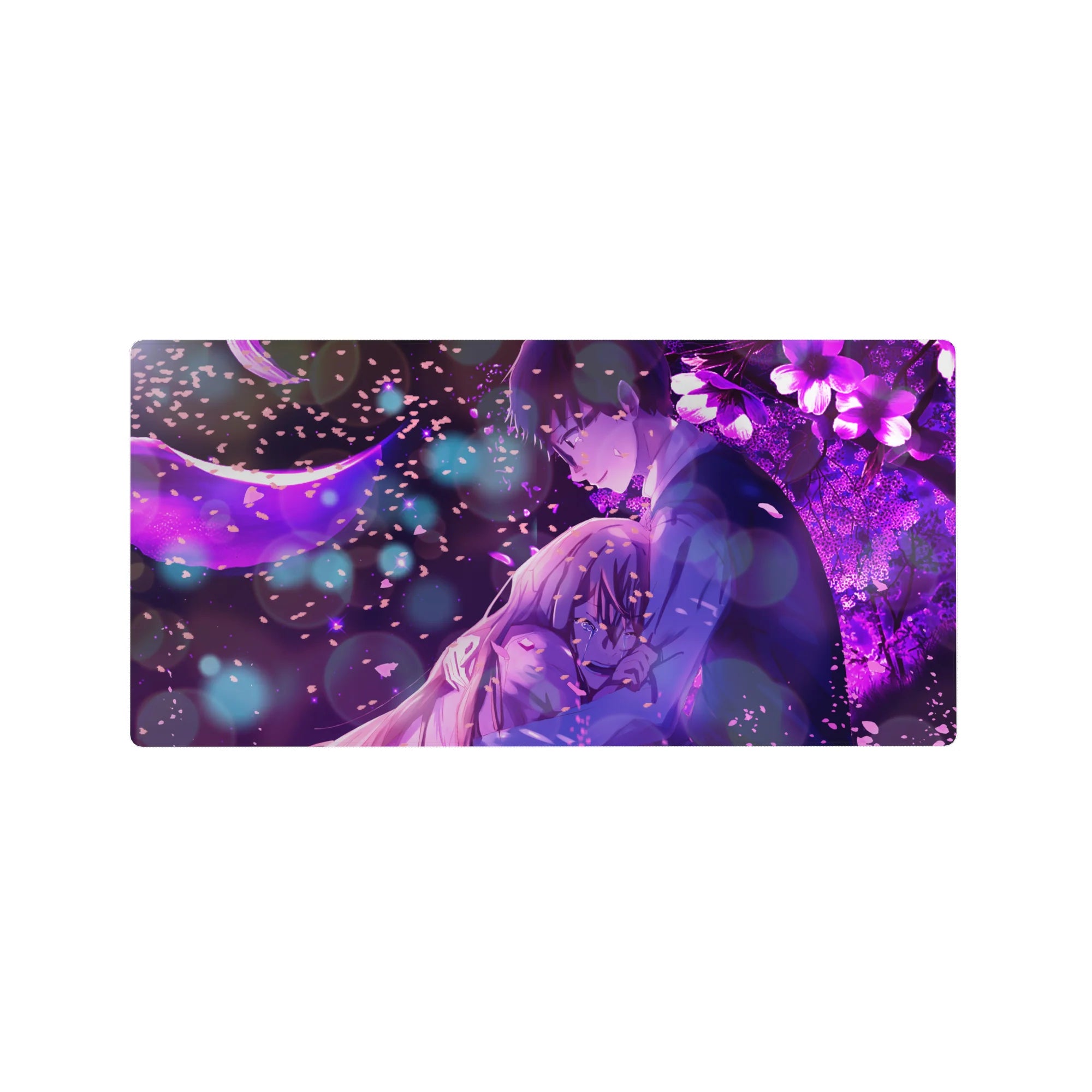 32x16 inches anime mouse pad with boy hugging tearful girl under petals, moon, flowers, bokeh lights.