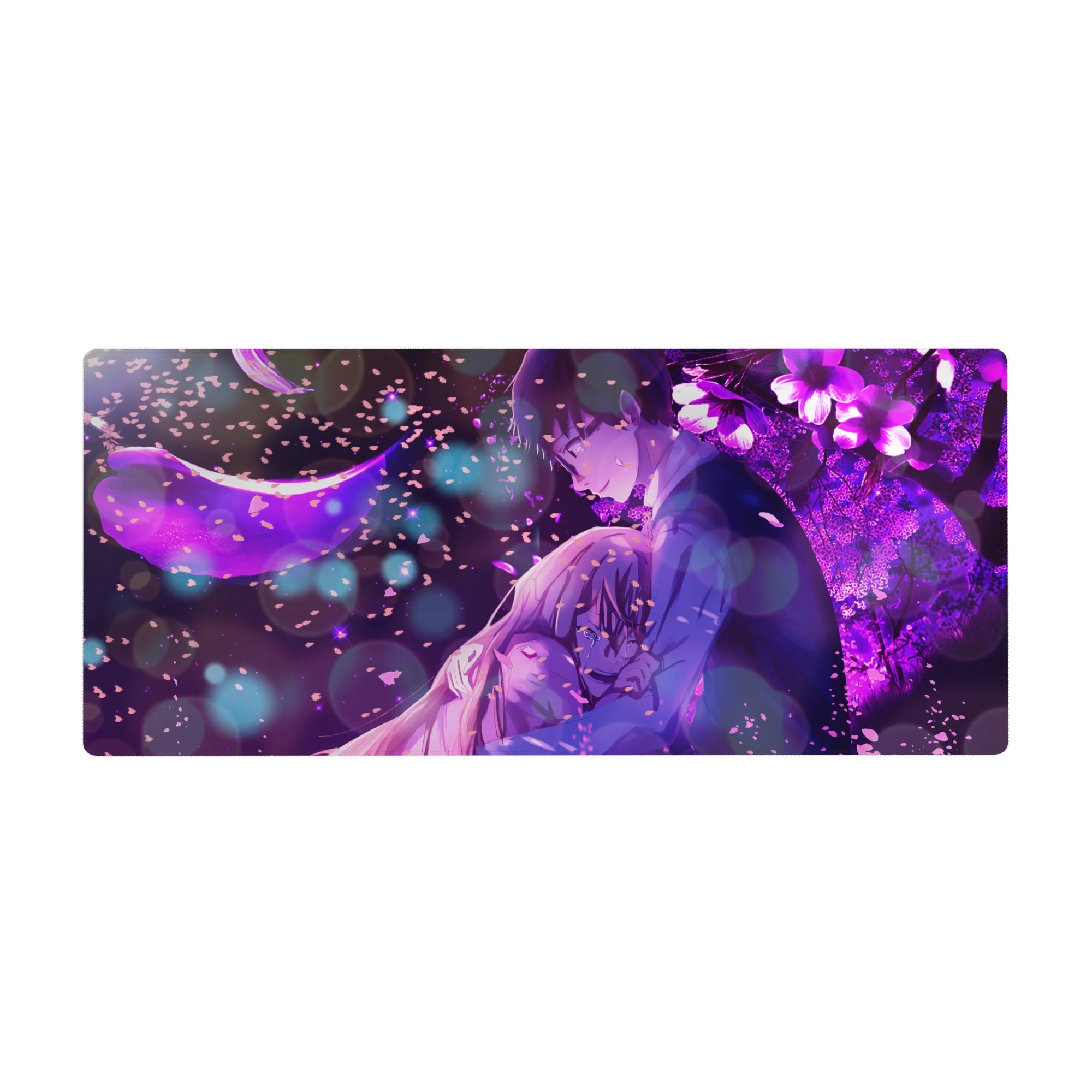 36x16 inches anime desk pad with hugging couple under moon, petals, and bokeh lights in purple night garden.