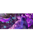 36x16 inches anime desk pad with hugging couple under moon, petals, and bokeh lights in purple night garden.