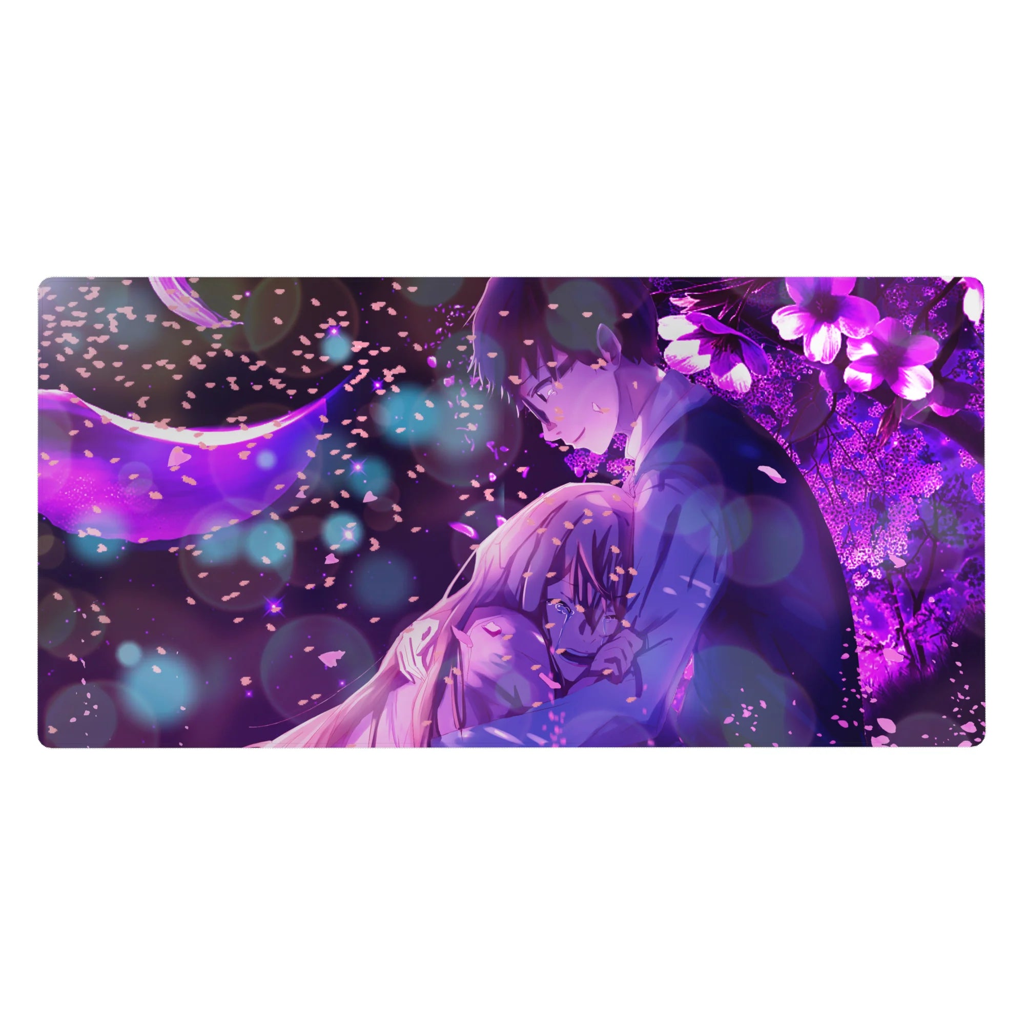 Anime desk pad 40x20 inches with moonlit couple hug, drifting petals, bokeh lights, and blooming flowers.