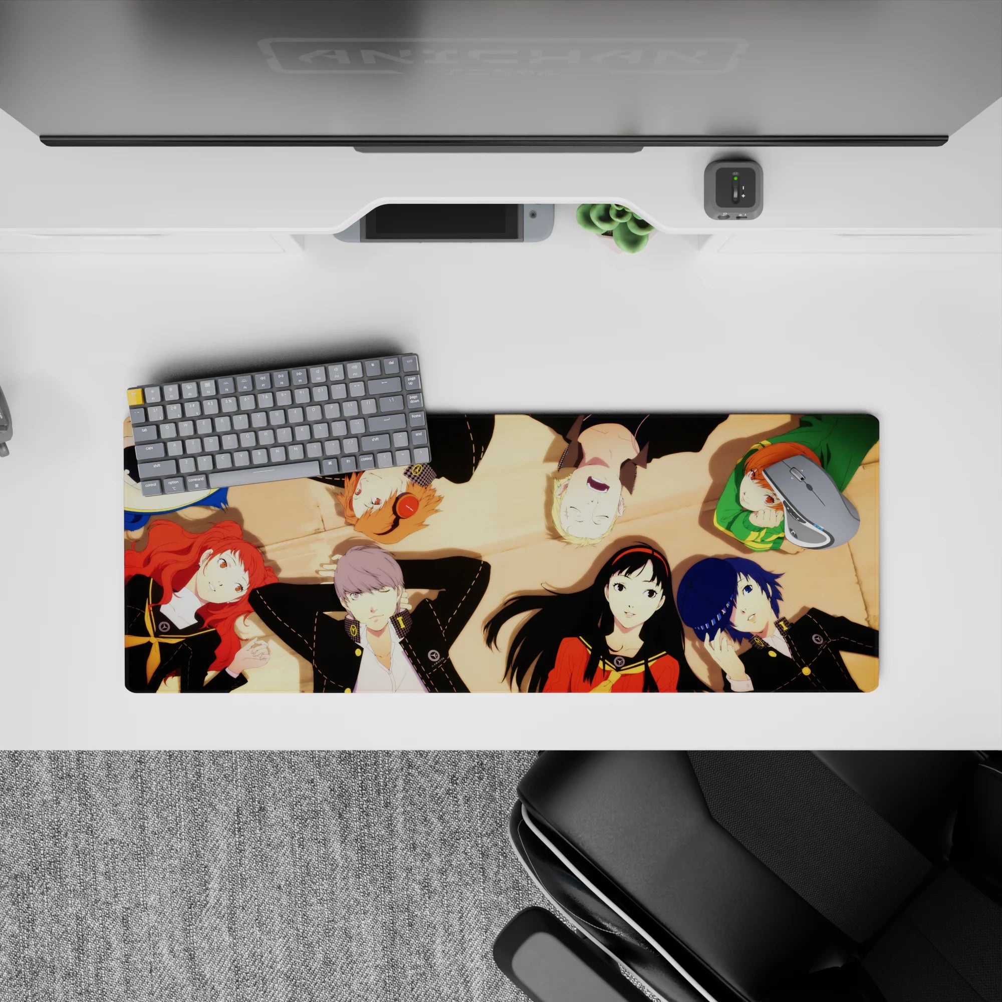 Anime mouse pad 32x12 inches featuring Persona 4 Golden characters Yukiko, Chie, Naoto, Yu, and Rise in soft golden light.