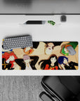 Anime mouse pad 32x12 inches featuring Persona 4 Golden characters Yukiko, Chie, Naoto, Yu, and Rise in soft golden light.