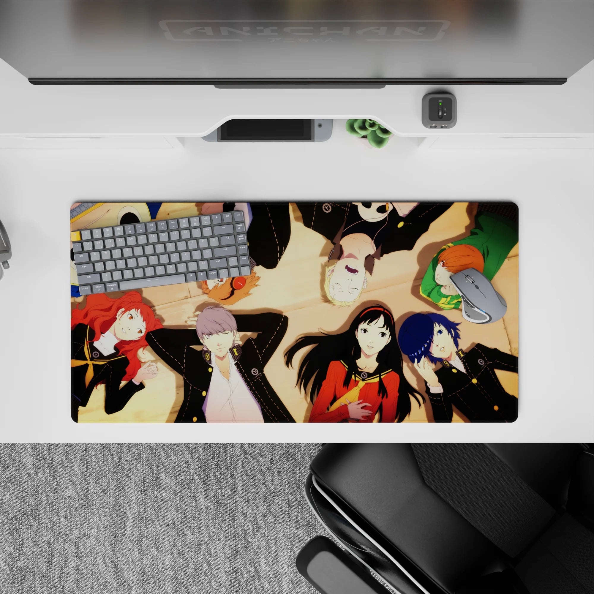 Anime mouse pad 32x16 inches featuring Persona 4 Golden characters Yukiko, Chie, Naoto, Yu, and Rise in soft golden light.