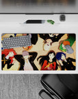 Anime mouse pad 32x16 inches featuring Persona 4 Golden characters Yukiko, Chie, Naoto, Yu, and Rise in soft golden light.